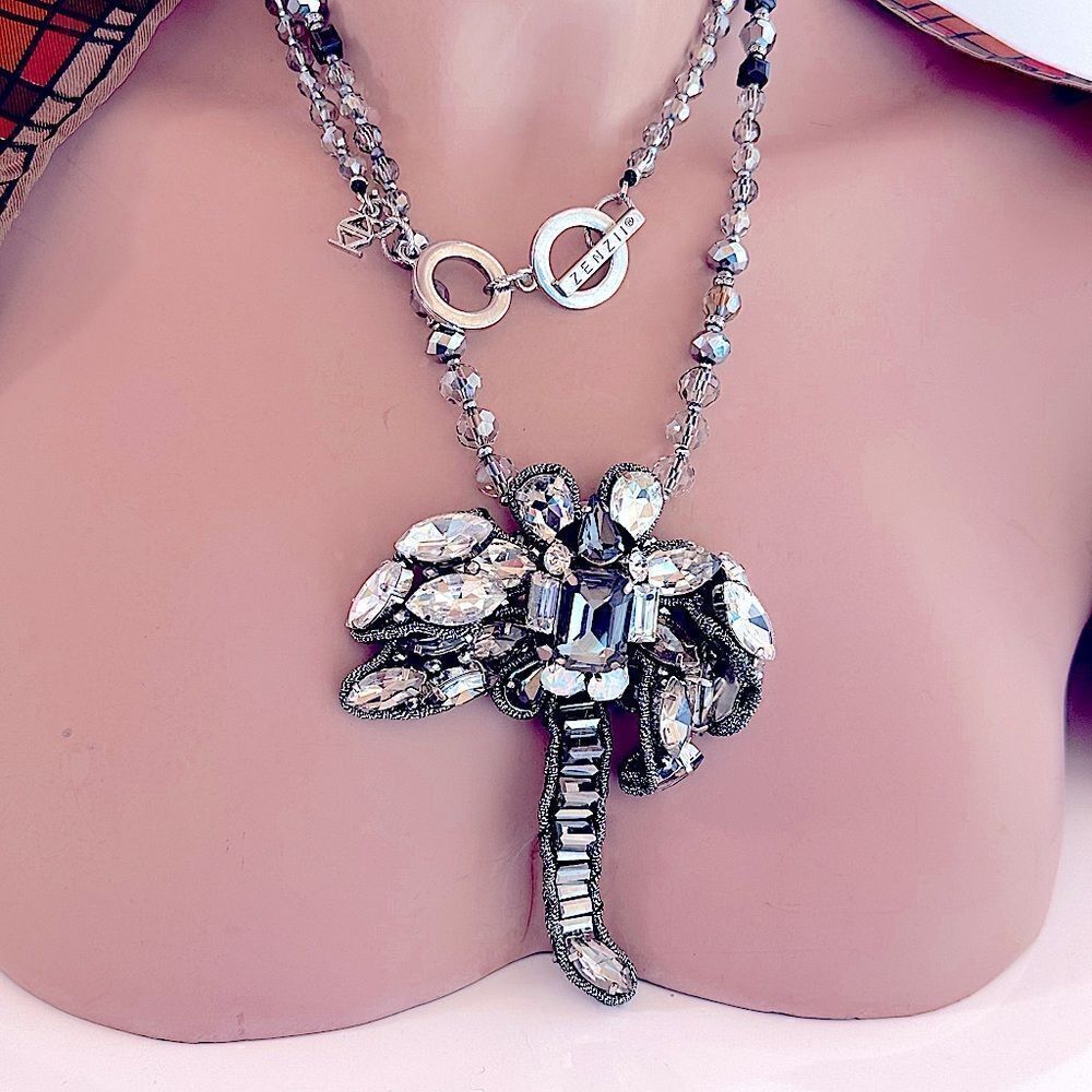 Zenzii huge sparkling dragonfly pendant long large crystal necklace 32”L